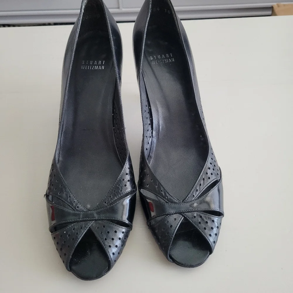 Stuart Weitzman Black Peep Toe Heels Women's Size 10 - Picture 4 of 11